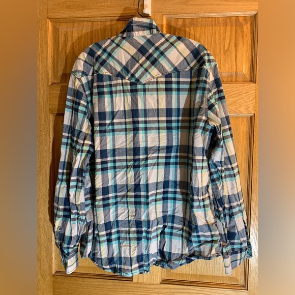 Mossimo Men’s LS Pearl Snap Shirt Blue Aqua White Plaid XL Athletic Fit Western - Picture 3 of 4